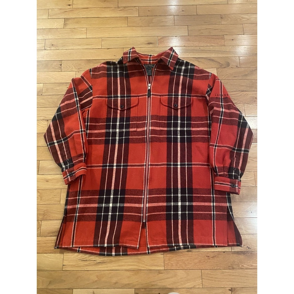 Lauren Ralph Lauren Red‎ Plaid Zip Front Flannel Shirt Jacket Womens Medium M